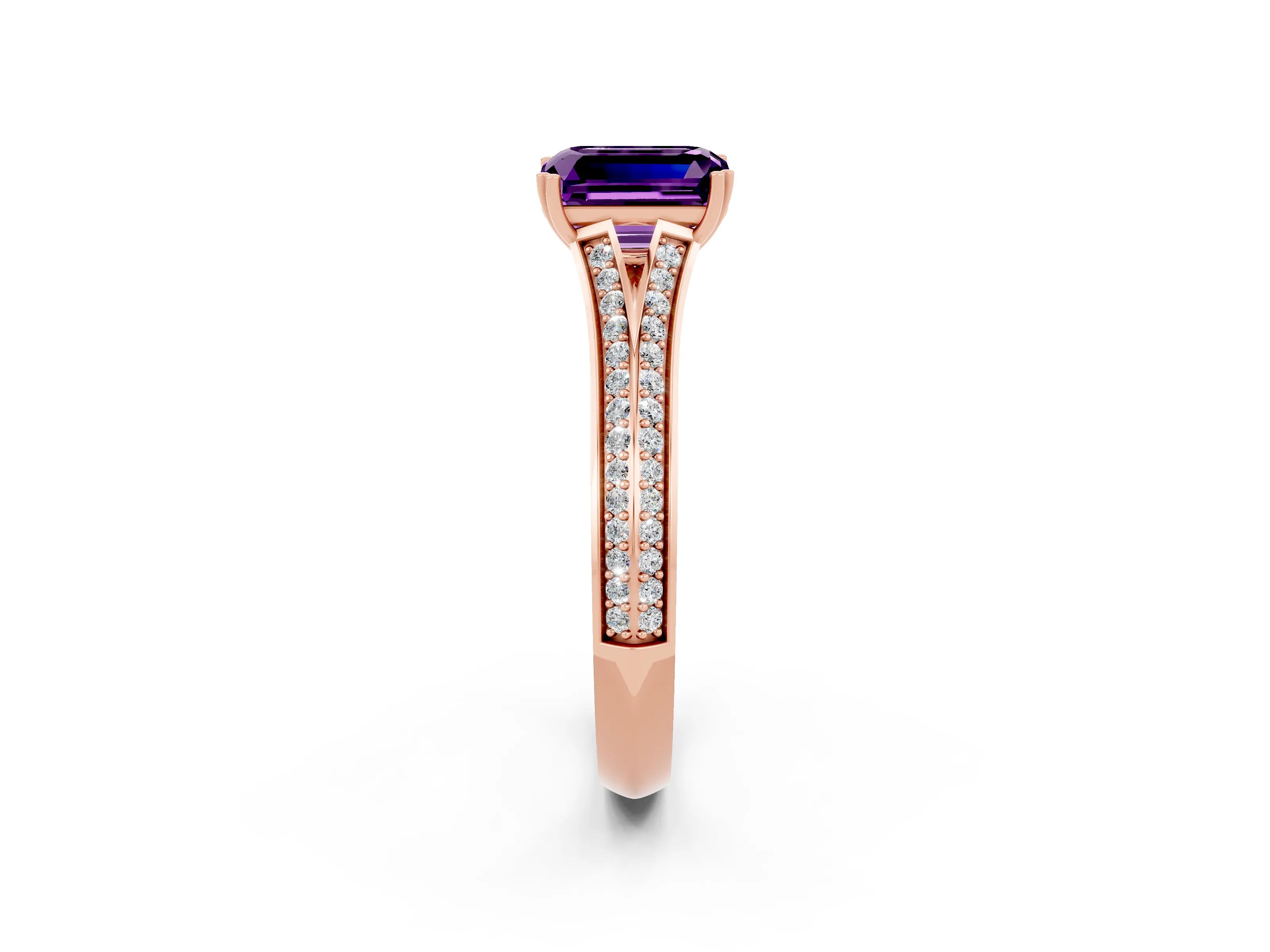 Rose gold Emerald Cut Amethyst Split Shank Engagement Ring with Pavé Band_2