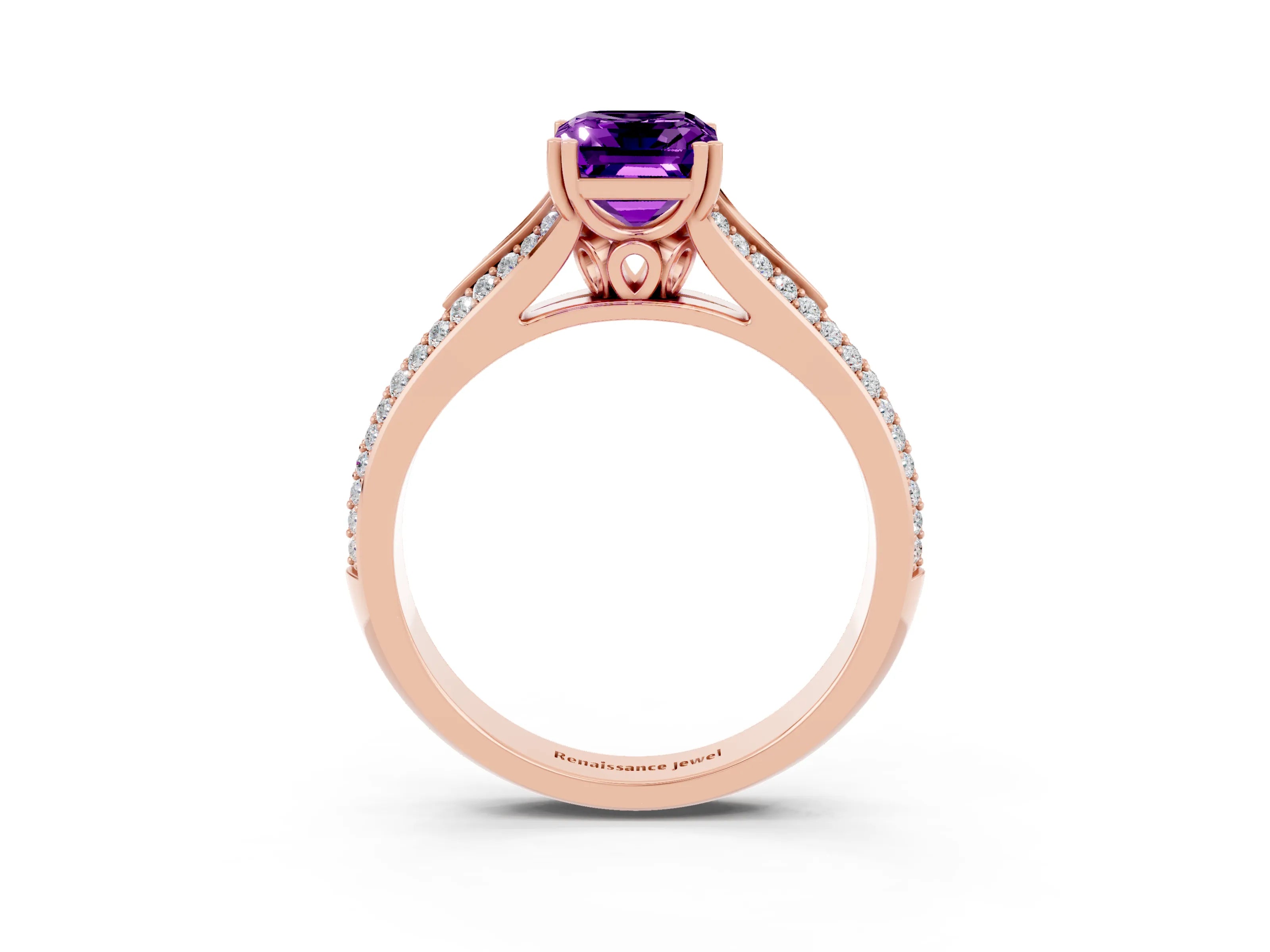 Rose gold Emerald Cut Amethyst Split Shank Engagement Ring with Pavé Band_3
