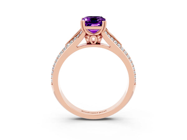 Rose gold Emerald Cut Amethyst Split Shank Engagement Ring with Pavé Band