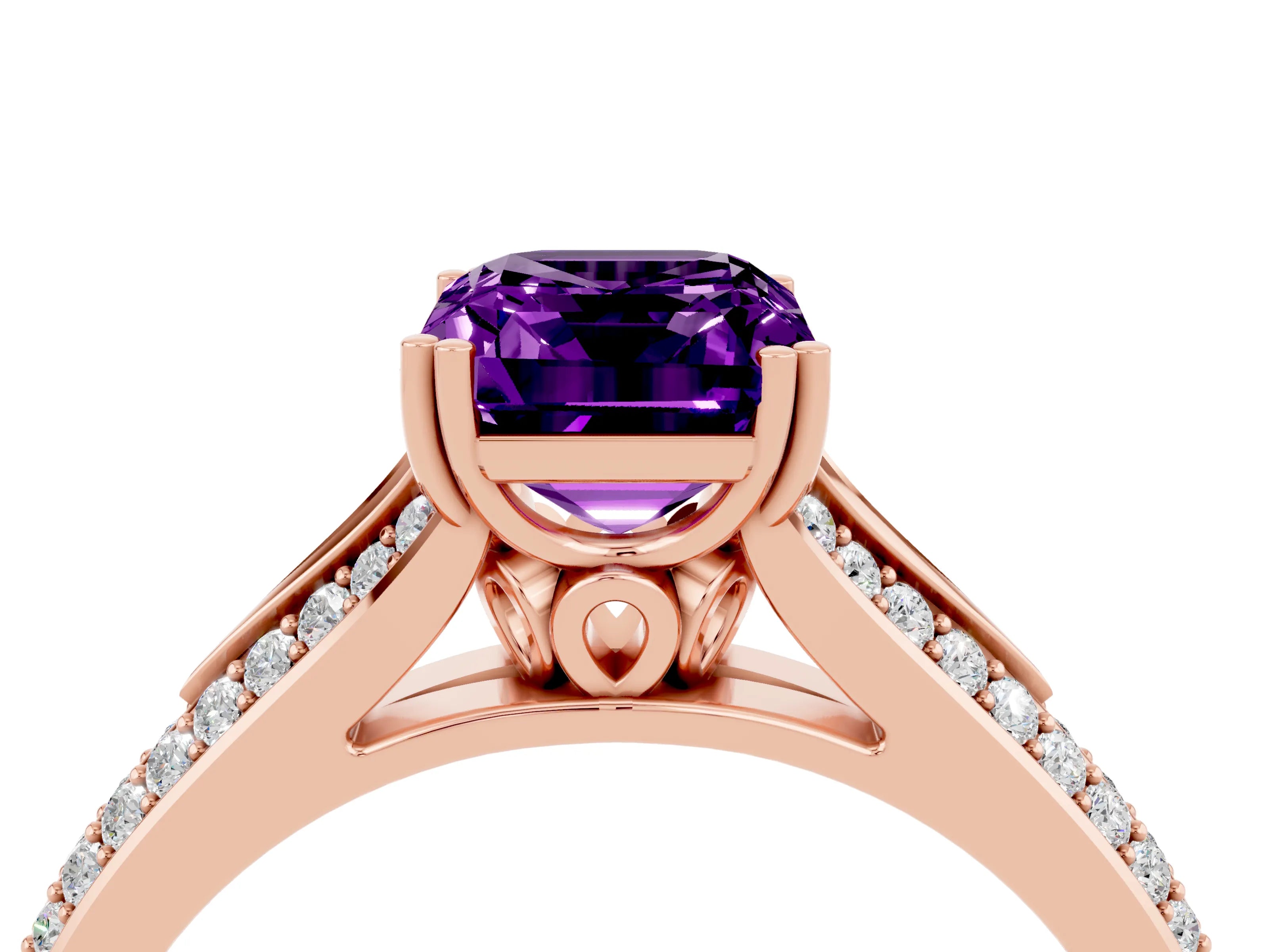 Rose gold Emerald Cut Amethyst Split Shank Engagement Ring with Pavé Band_4