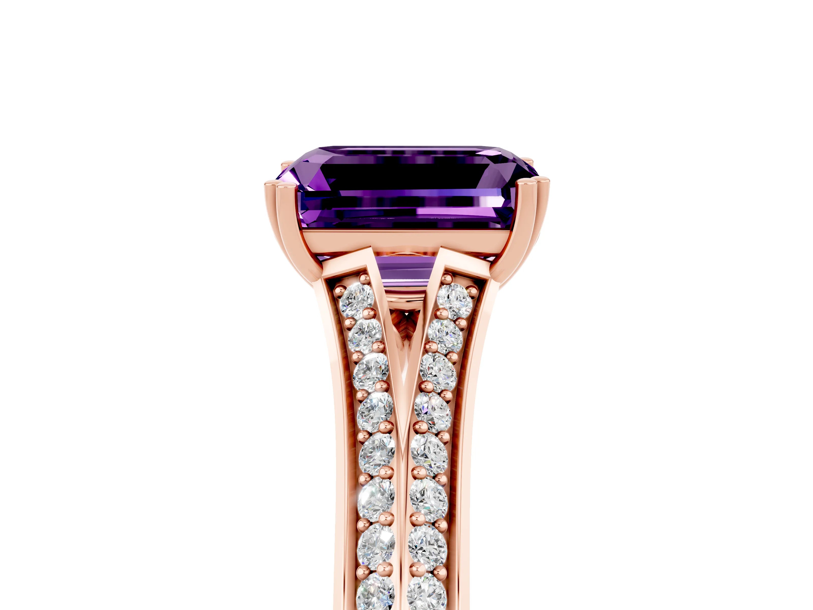 Rose gold Emerald Cut Amethyst Split Shank Engagement Ring with Pavé Band_5