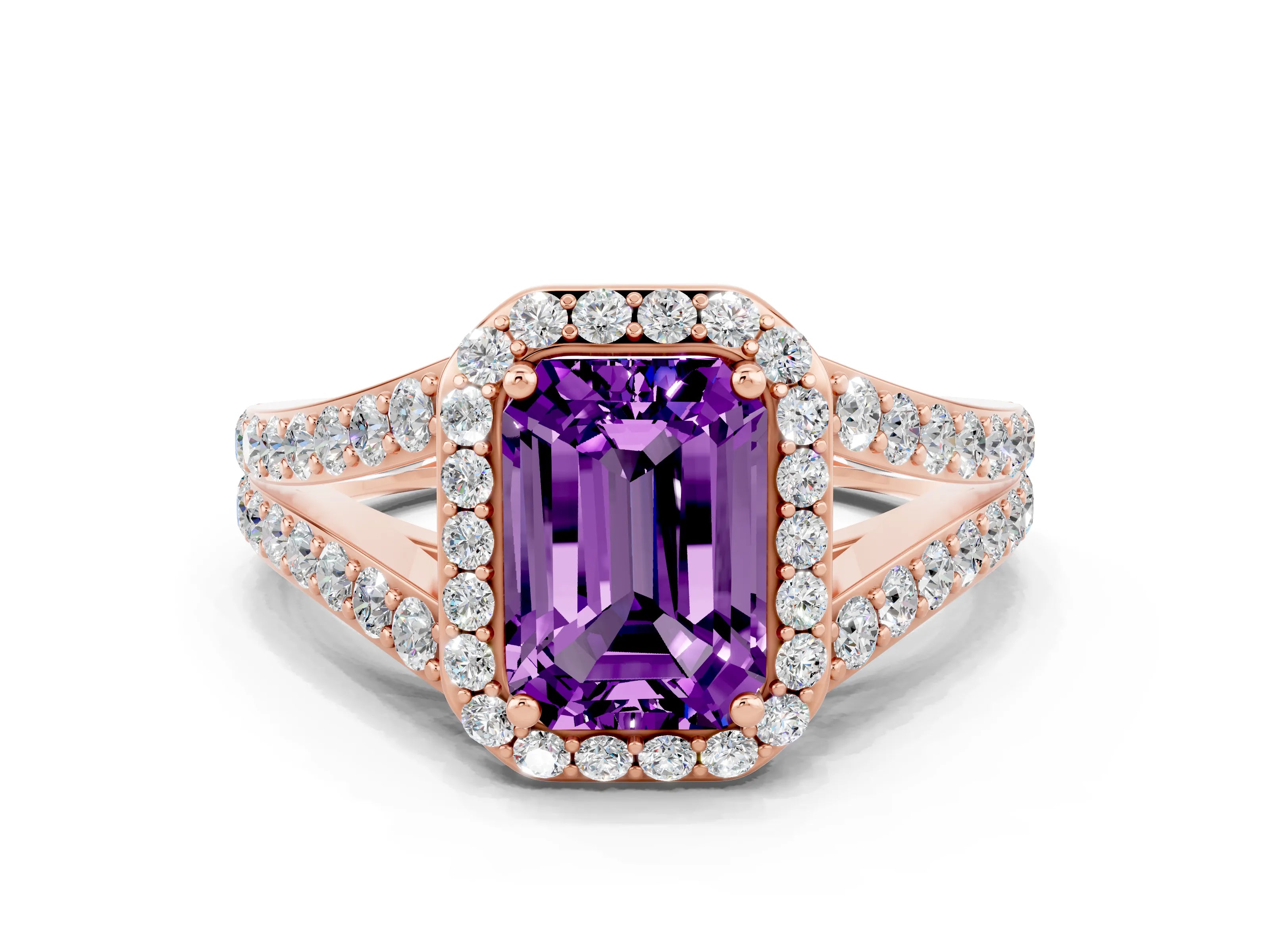Rose gold Emerald Cut Amethyst Split Shank Halo Ring with Four-Prong Setting_12