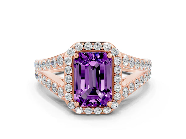 Rose gold Emerald Cut Amethyst Split Shank Halo Ring with Four-Prong Setting
