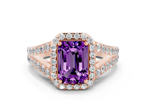 Rose gold Emerald Cut Amethyst Split Shank Halo Ring with Four-Prong Setting_12