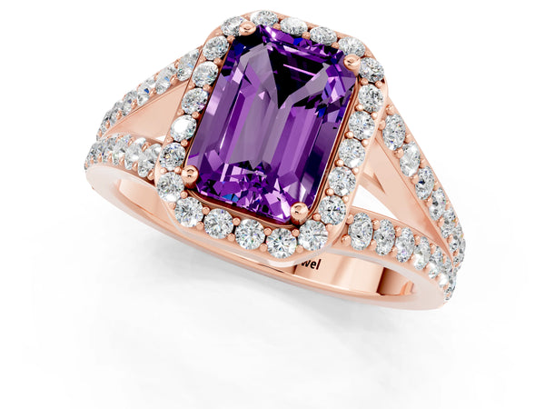 Rose gold Emerald Cut Amethyst Split Shank Halo Ring with Four-Prong Setting