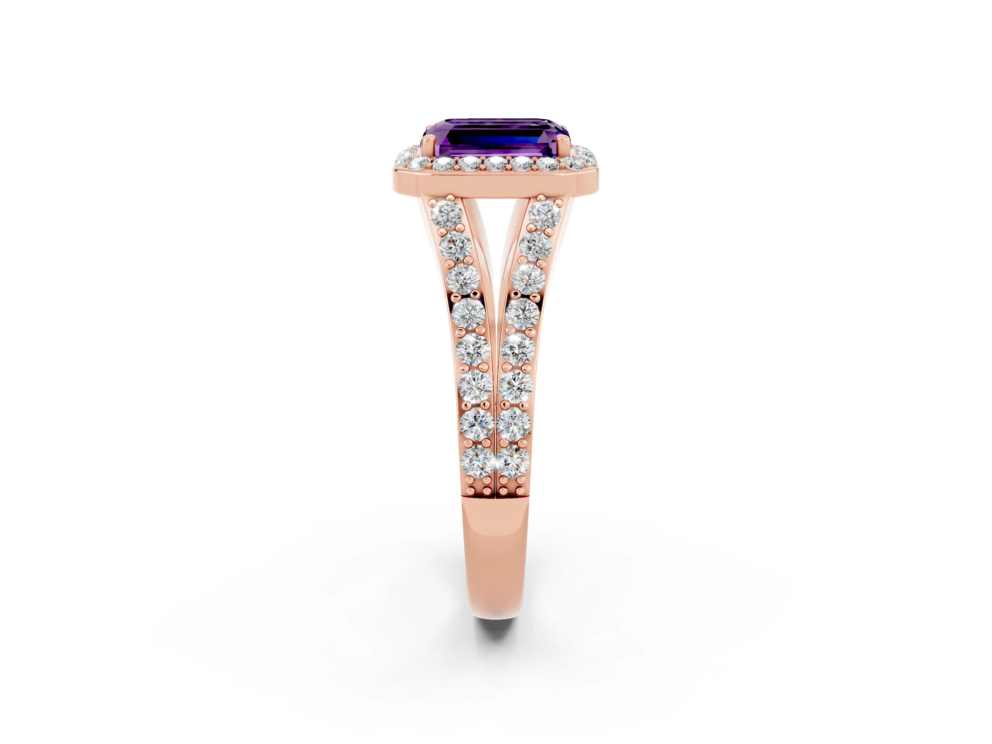Rose gold Emerald Cut Amethyst Split Shank Halo Ring with Four-Prong Setting_14