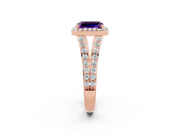 Rose gold Emerald Cut Amethyst Split Shank Halo Ring with Four-Prong Setting