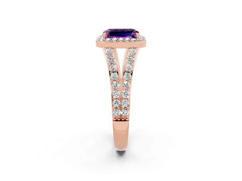 Rose gold Emerald Cut Amethyst Split Shank Halo Ring with Four-Prong Setting_14
