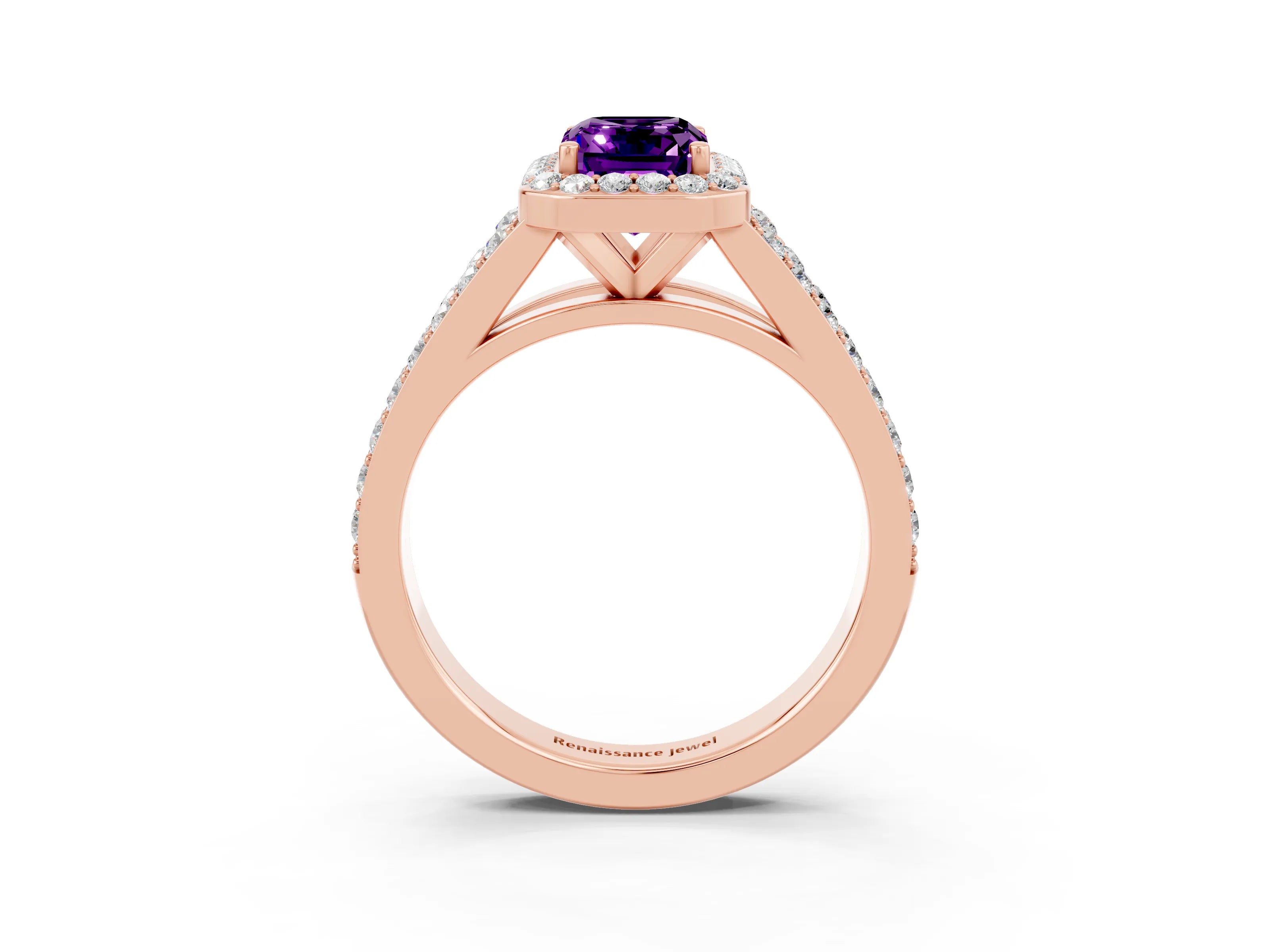 Rose gold Emerald Cut Amethyst Split Shank Halo Ring with Four-Prong Setting_15