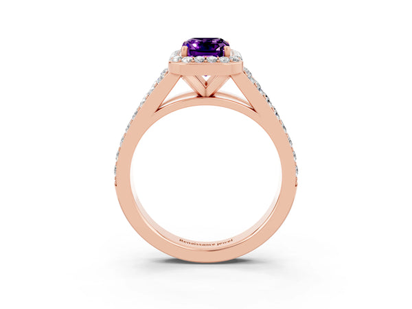 Rose gold Emerald Cut Amethyst Split Shank Halo Ring with Four-Prong Setting