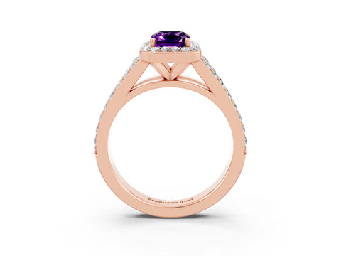 Rose gold Emerald Cut Amethyst Split Shank Halo Ring with Four-Prong Setting_15