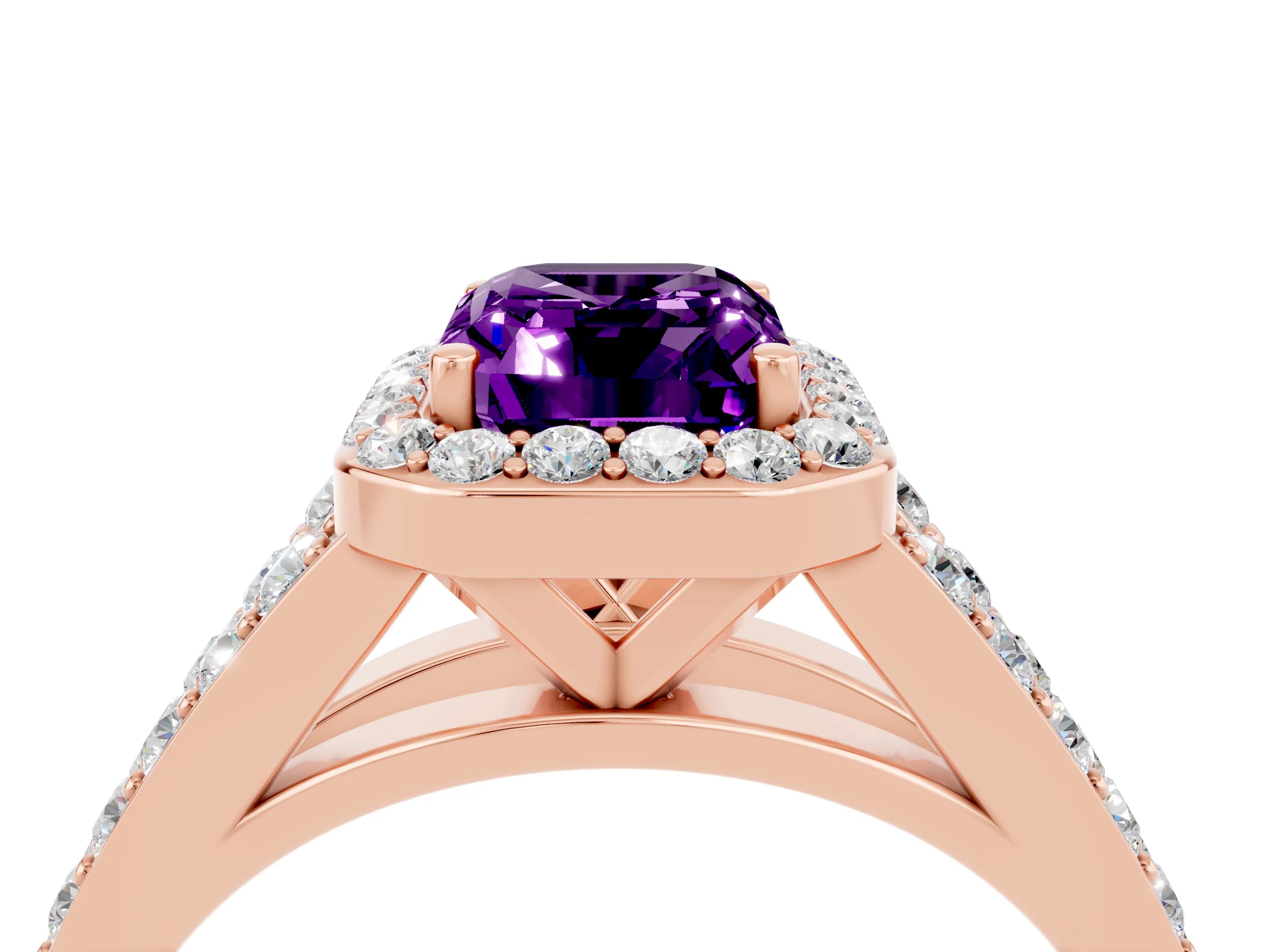 Rose gold Emerald Cut Amethyst Split Shank Halo Ring with Four-Prong Setting_16