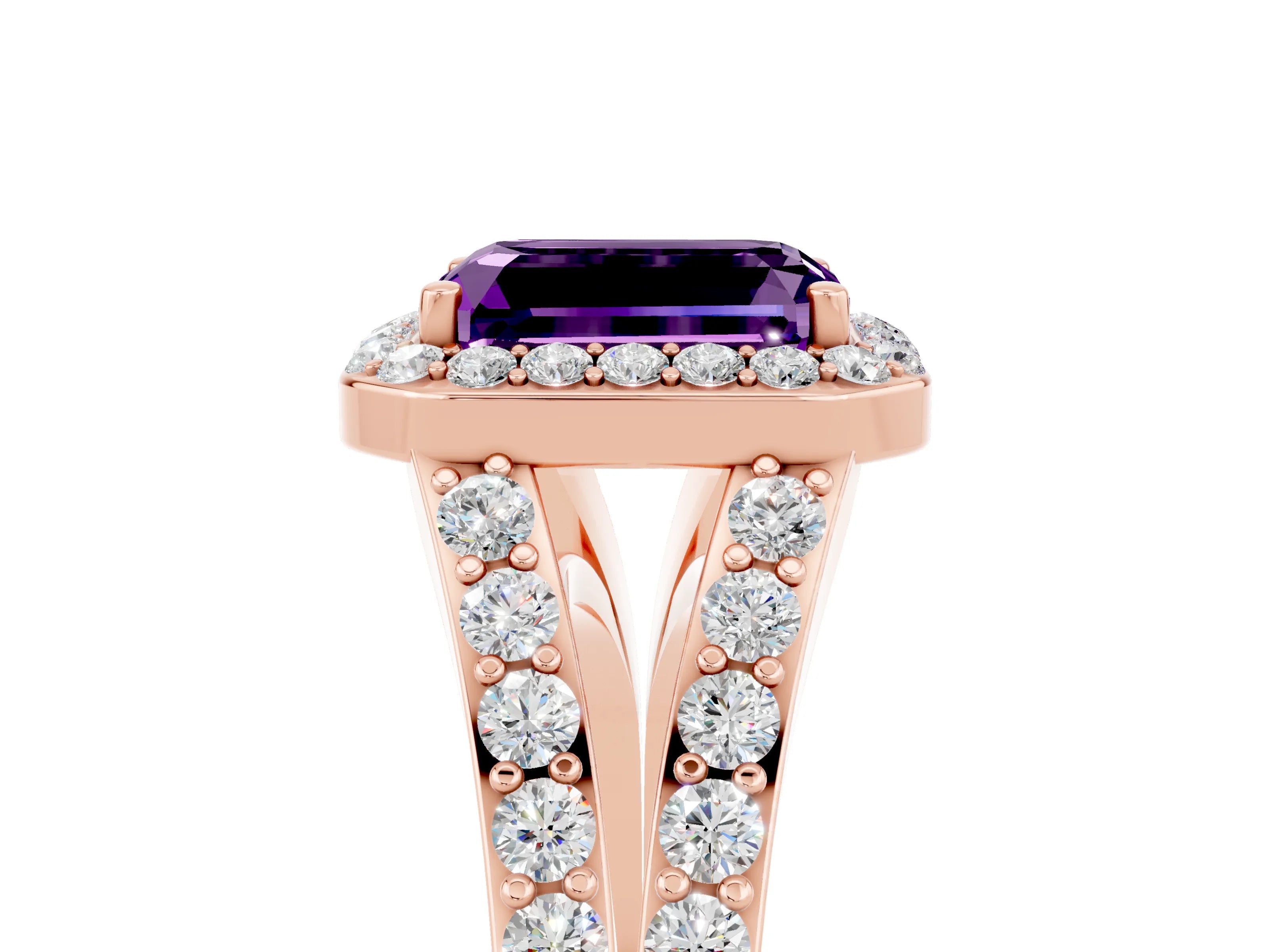 Rose gold Emerald Cut Amethyst Split Shank Halo Ring with Four-Prong Setting_17
