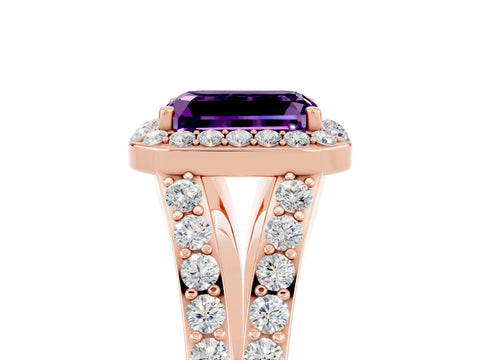 Rose gold Emerald Cut Amethyst Split Shank Halo Ring with Four-Prong Setting_17