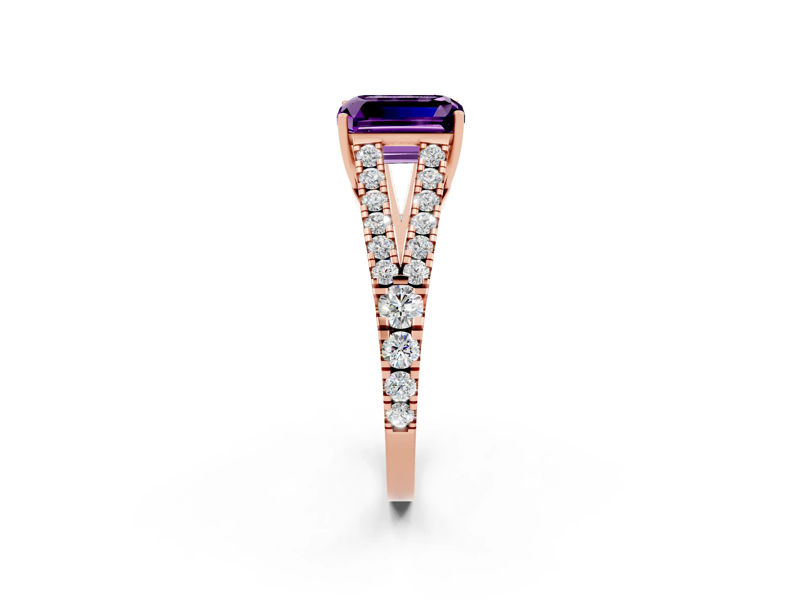 Rose gold Emerald Cut Amethyst Split Shank Pavé Engagement Ring with Four-Prong Setting_10