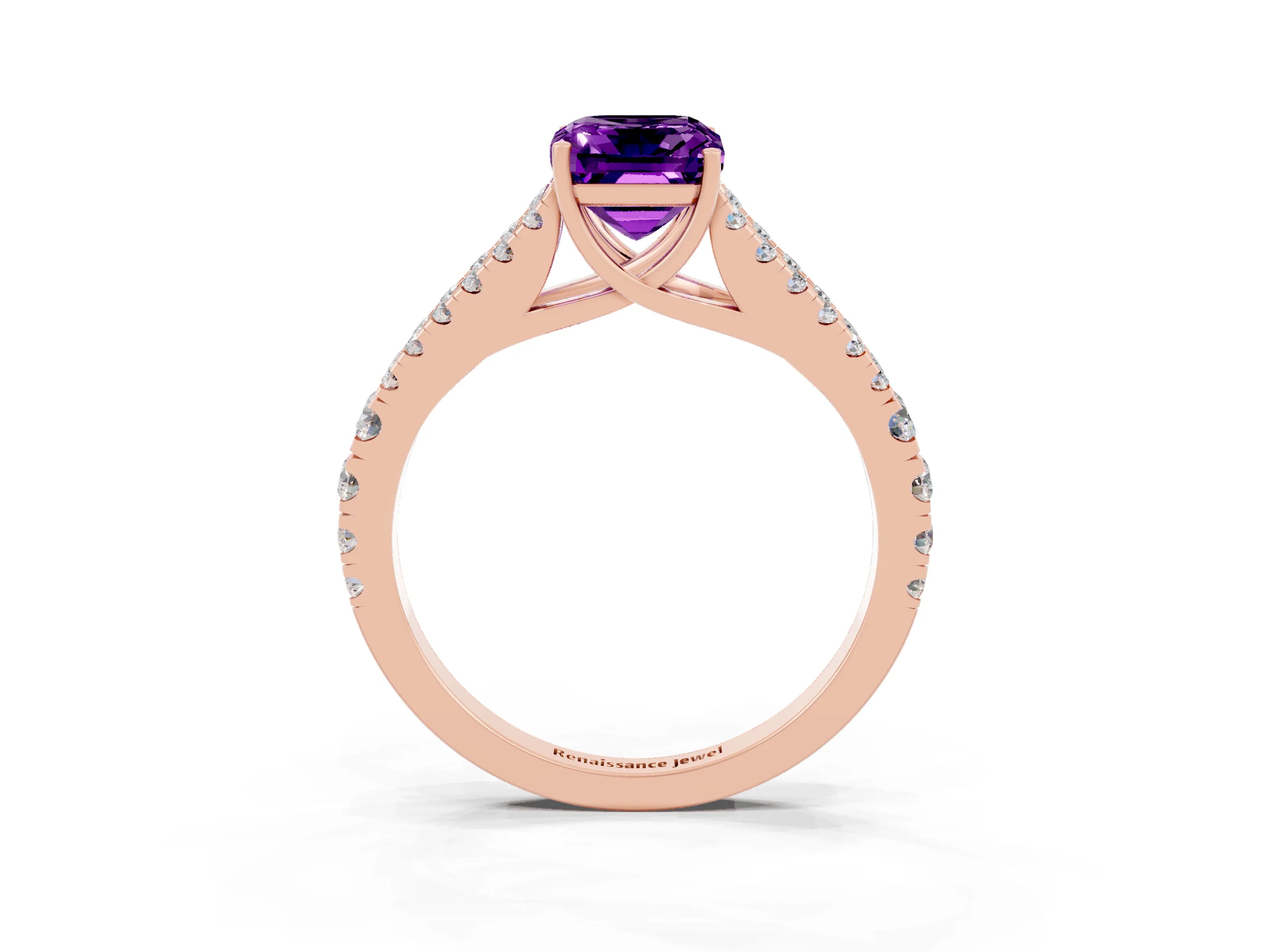 Rose gold Emerald Cut Amethyst Split Shank Pavé Engagement Ring with Four-Prong Setting_11