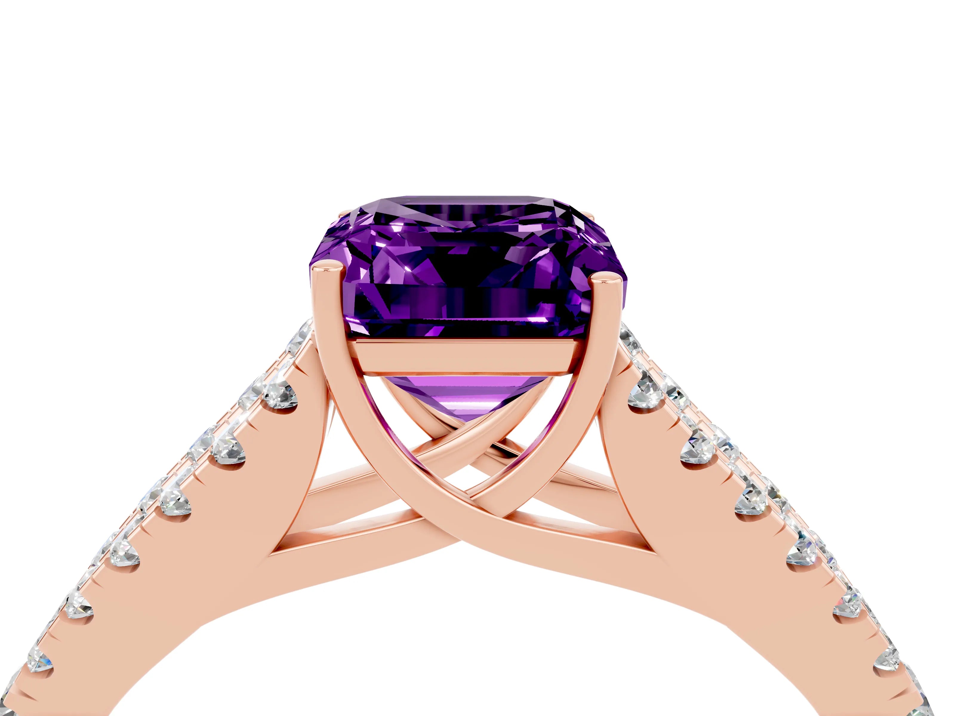 Rose gold Emerald Cut Amethyst Split Shank Pavé Engagement Ring with Four-Prong Setting_12