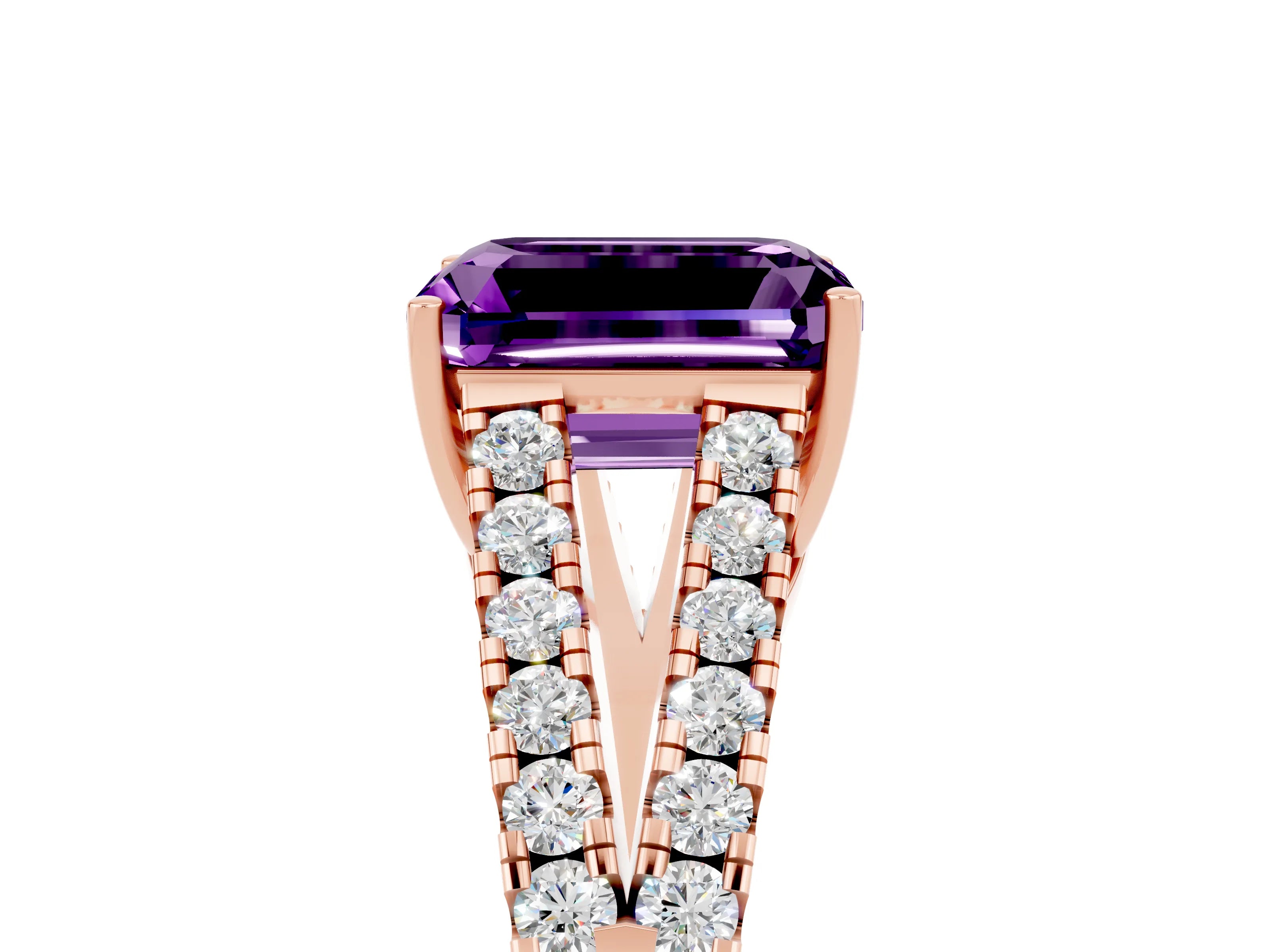 Rose gold Emerald Cut Amethyst Split Shank Pavé Engagement Ring with Four-Prong Setting_13