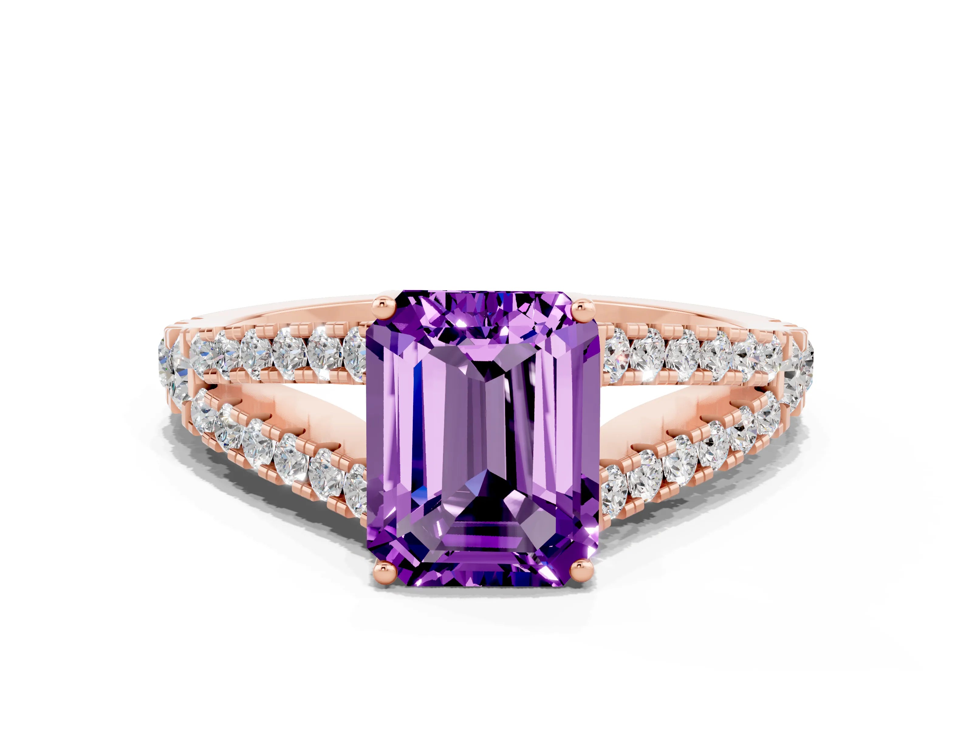 Rose gold Emerald Cut Amethyst Split Shank Pavé Engagement Ring with Four-Prong Setting_8