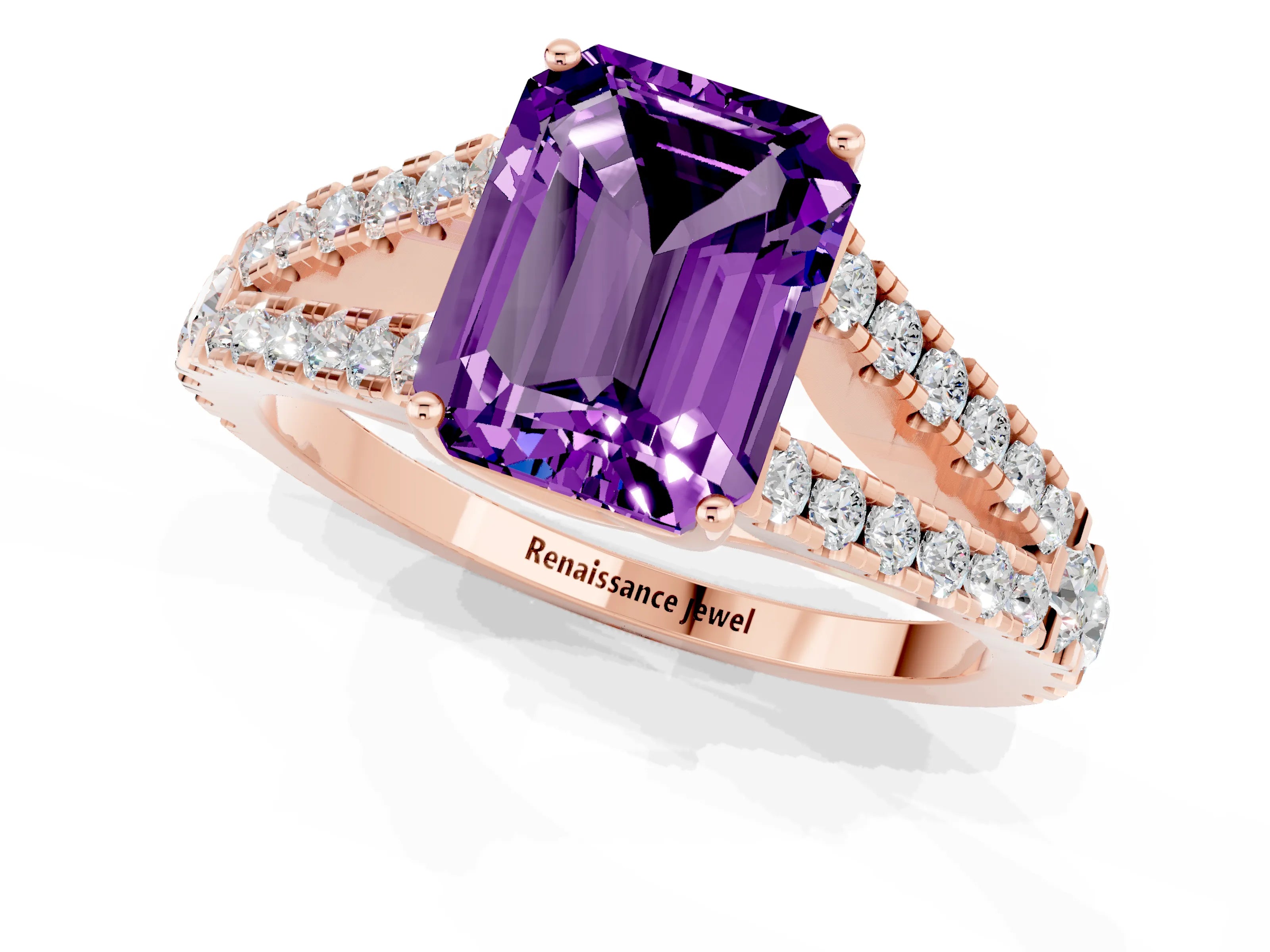 Rose gold Emerald Cut Amethyst Split Shank Pavé Engagement Ring with Four-Prong Setting_9