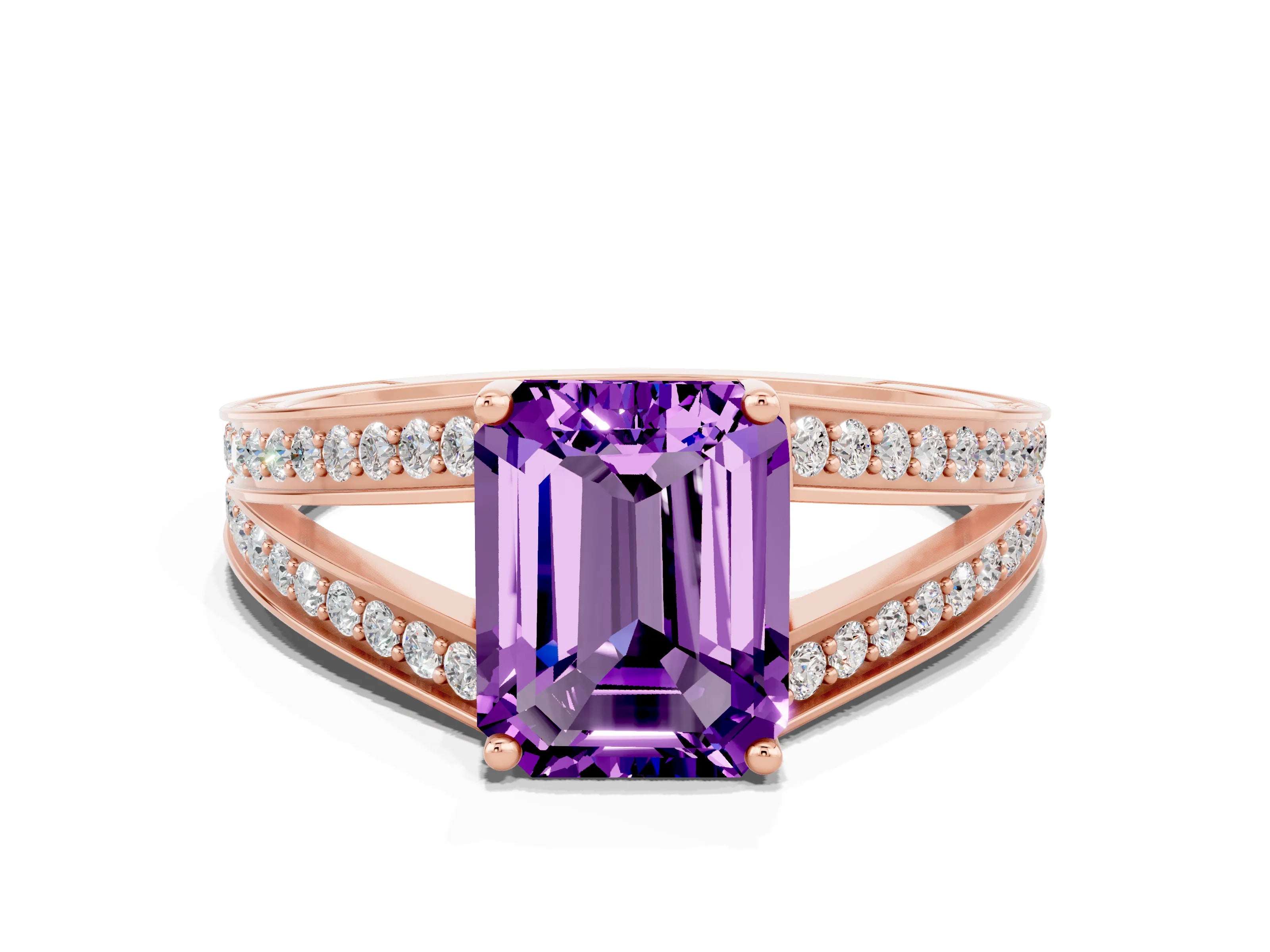 Rose gold Emerald Cut Amethyst Split Shank Ring with Pavé Band and Four-Prong Setting