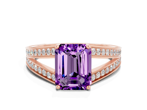 Rose gold Emerald Cut Amethyst Split Shank Ring with Pavé Band and Four-Prong Setting