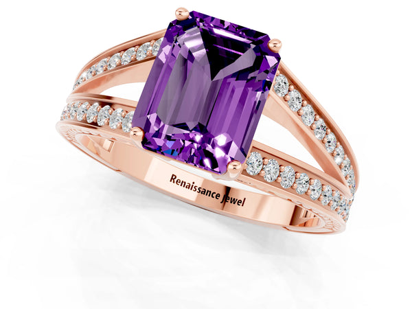Rose gold Emerald Cut Amethyst Split Shank Ring with Pavé Band and Four-Prong Setting