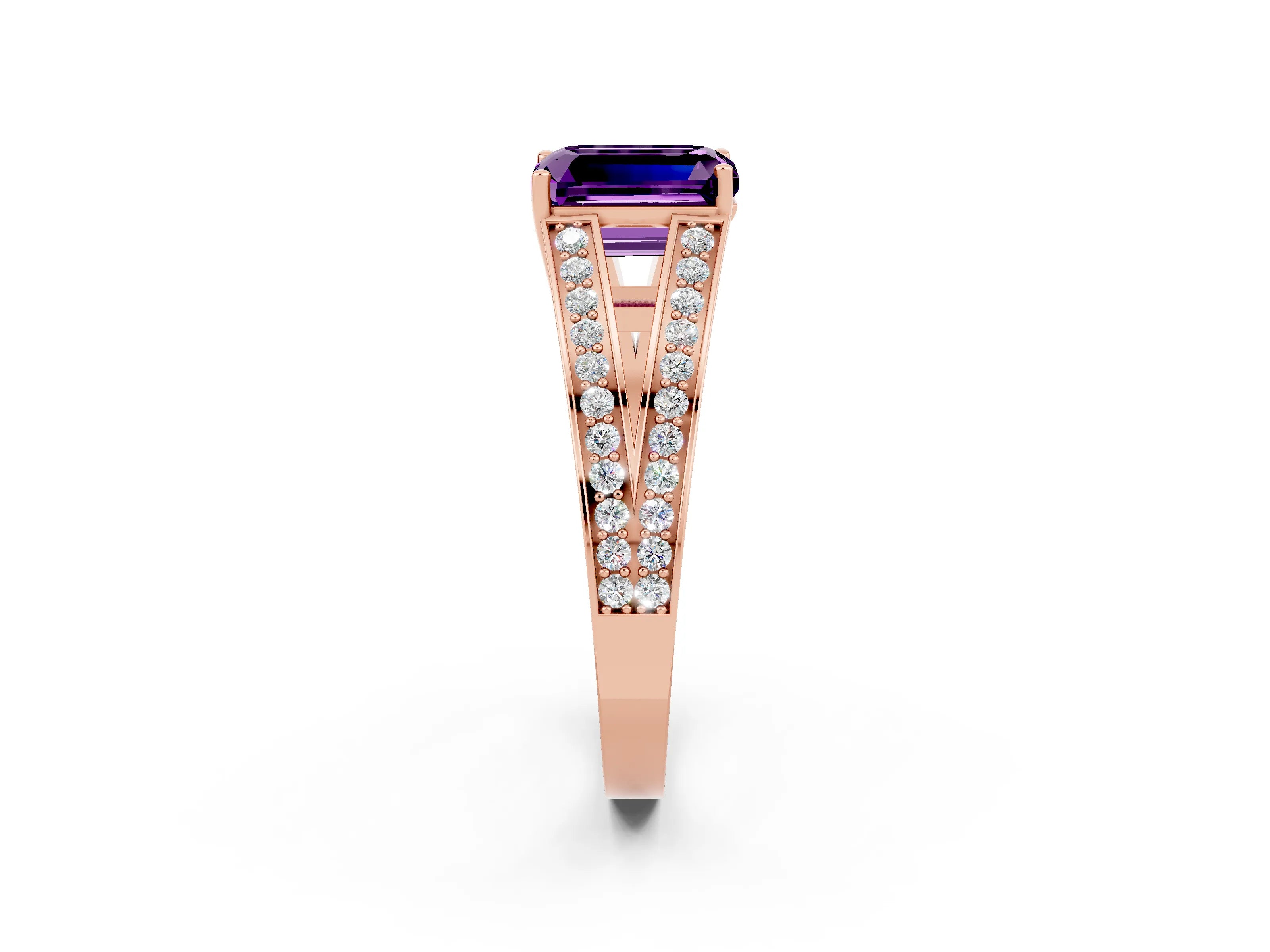 Rose gold Emerald Cut Amethyst Split Shank Ring with Pavé Band and Four-Prong Setting_2