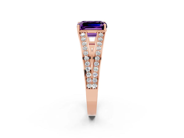 Rose gold Emerald Cut Amethyst Split Shank Ring with Pavé Band and Four-Prong Setting