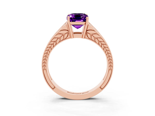 Rose gold Emerald Cut Amethyst Split Shank Ring with Pavé Band and Four-Prong Setting