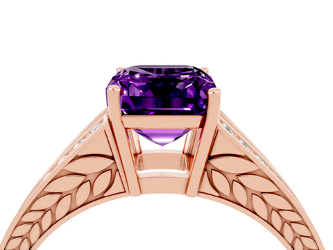 Rose gold Emerald Cut Amethyst Split Shank Ring with Pavé Band and Four-Prong Setting_4