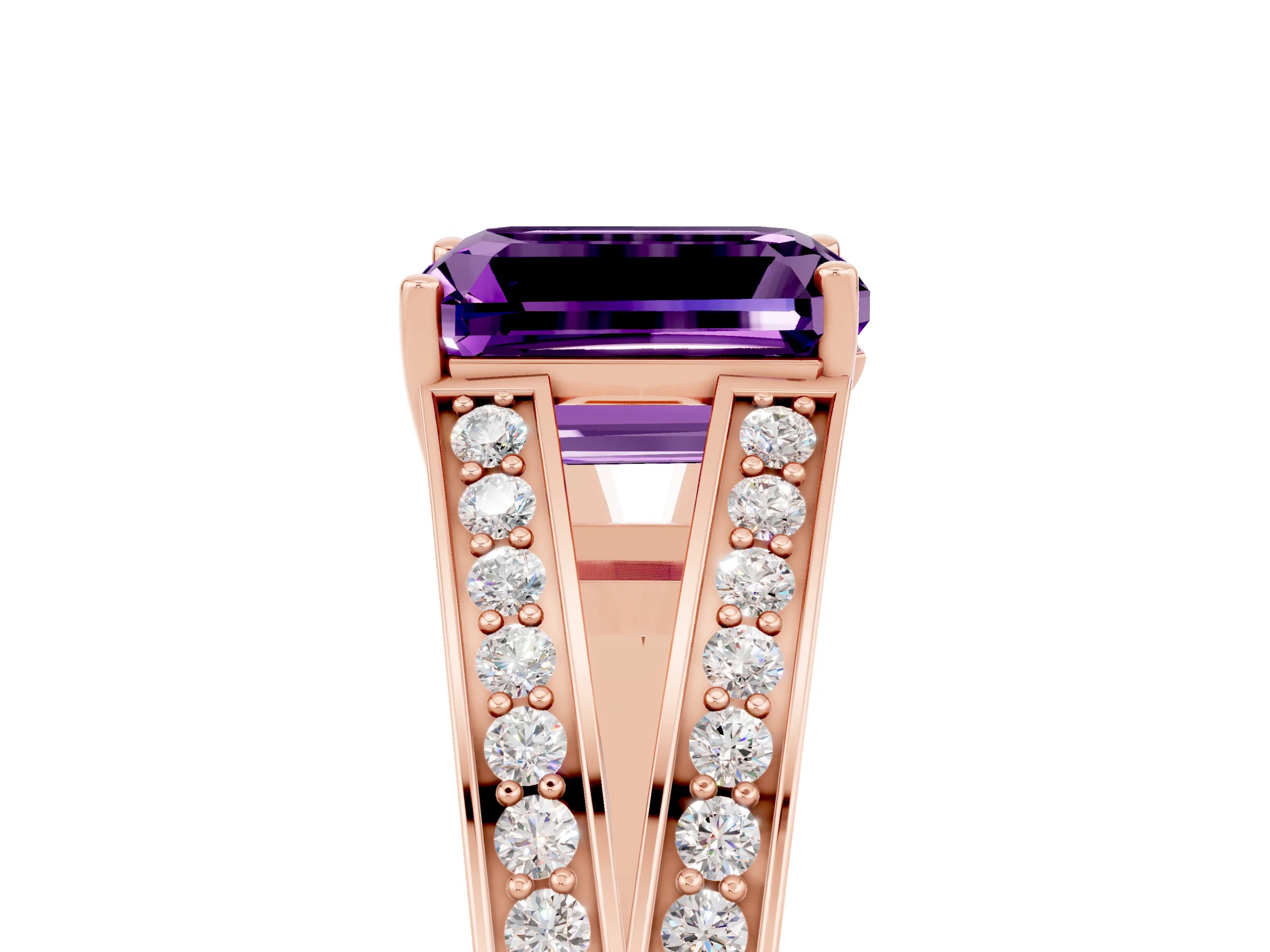 Rose gold Emerald Cut Amethyst Split Shank Ring with Pavé Band and Four-Prong Setting_5
