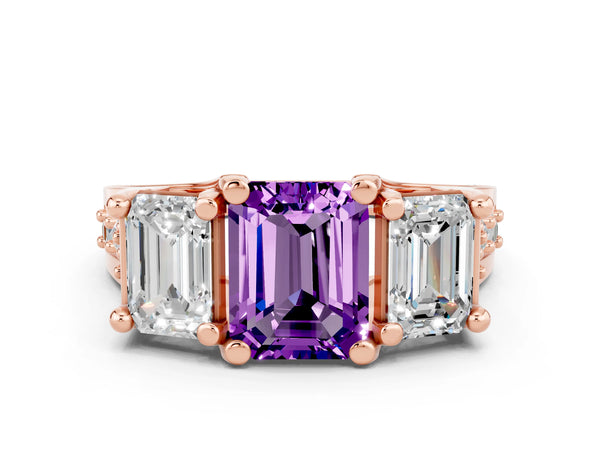 Rose gold Emerald Cut Amethyst Three-Stone Ring with Channel Set Band and Four-Prong Setting
