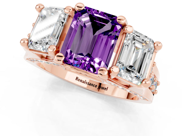 Rose gold Emerald Cut Amethyst Three-Stone Ring with Channel Set Band and Four-Prong Setting