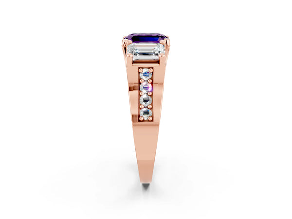 Rose gold Emerald Cut Amethyst Three-Stone Ring with Channel Set Band and Four-Prong Setting