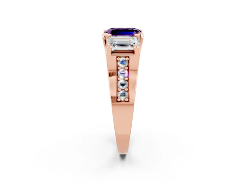 Rose gold Emerald Cut Amethyst Three-Stone Ring with Channel Set Band and Four-Prong Setting_2