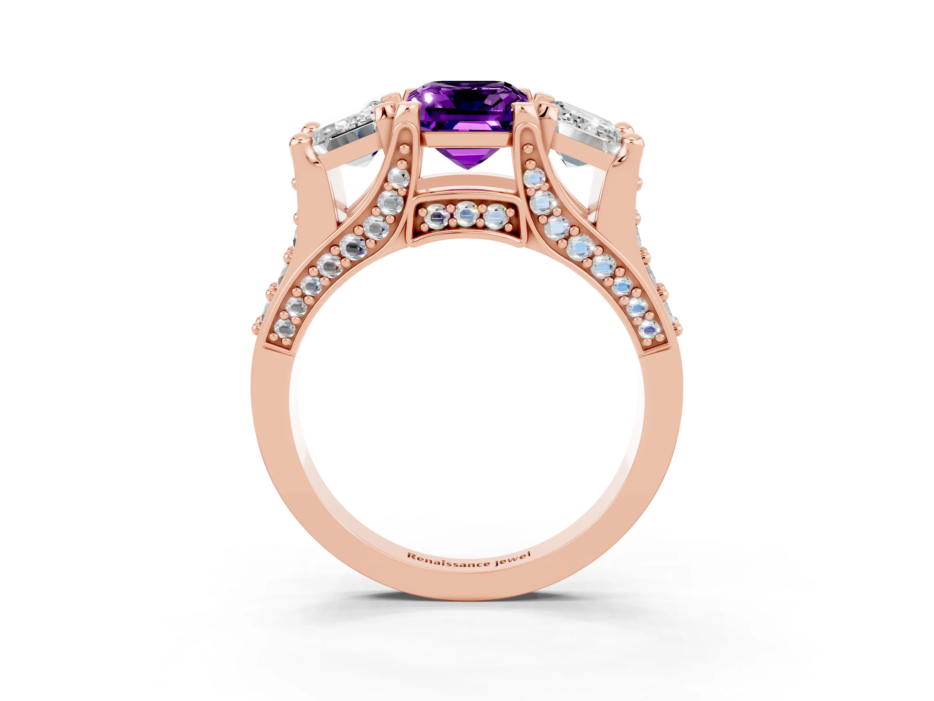 Rose gold Emerald Cut Amethyst Three-Stone Ring with Channel Set Band and Four-Prong Setting_3