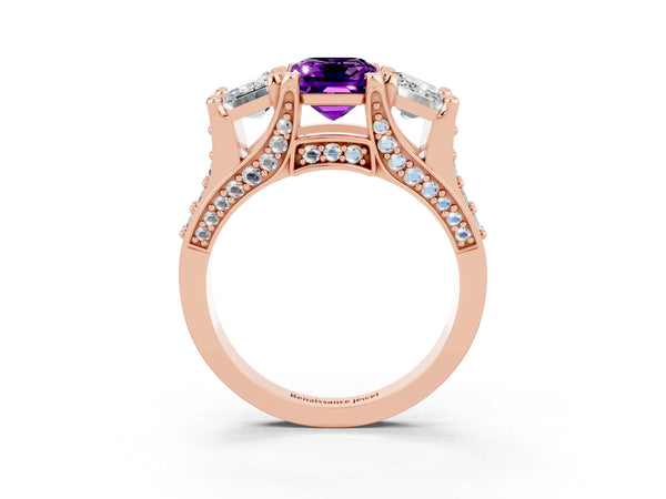Rose gold Emerald Cut Amethyst Three-Stone Ring with Channel Set Band and Four-Prong Setting