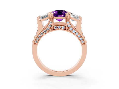 Rose gold Emerald Cut Amethyst Three-Stone Ring with Channel Set Band and Four-Prong Setting_3