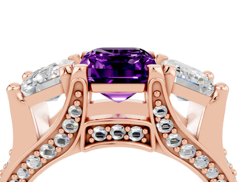 Rose gold Emerald Cut Amethyst Three-Stone Ring with Channel Set Band and Four-Prong Setting_4