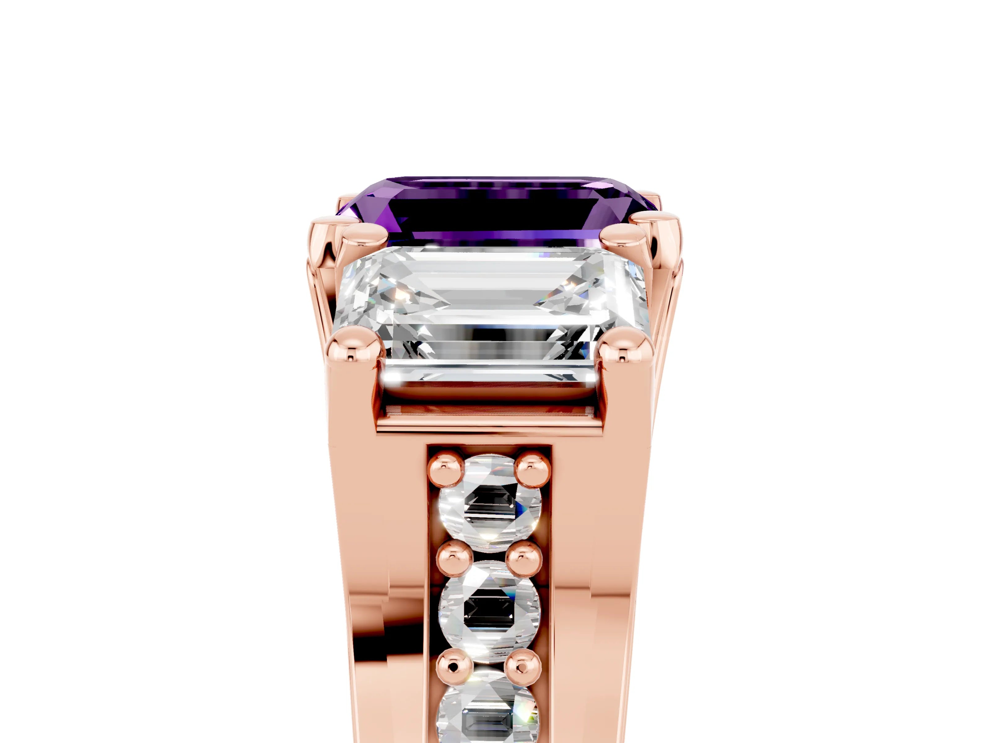 Rose gold Emerald Cut Amethyst Three-Stone Ring with Channel Set Band and Four-Prong Setting_5