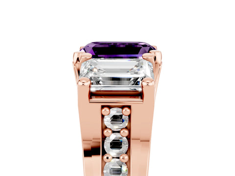 Rose gold Emerald Cut Amethyst Three-Stone Ring with Channel Set Band and Four-Prong Setting_5
