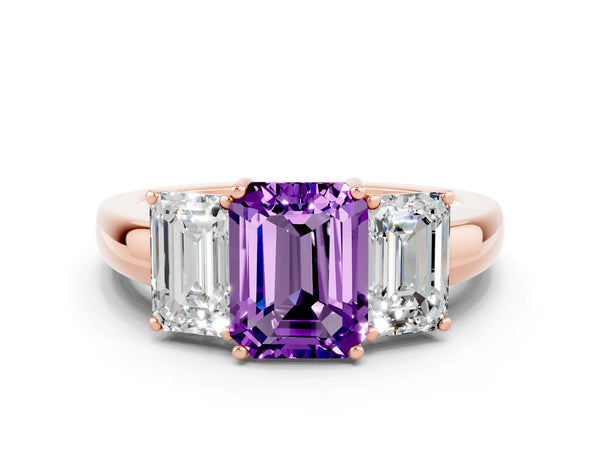 Rose gold Emerald Cut Amethyst Three-Stone Ring with Four-Prong Setting and Classic Band