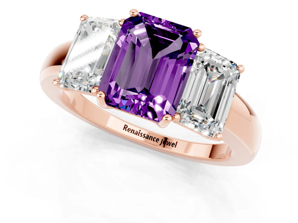 Rose gold Emerald Cut Amethyst Three-Stone Ring with Four-Prong Setting and Classic Band