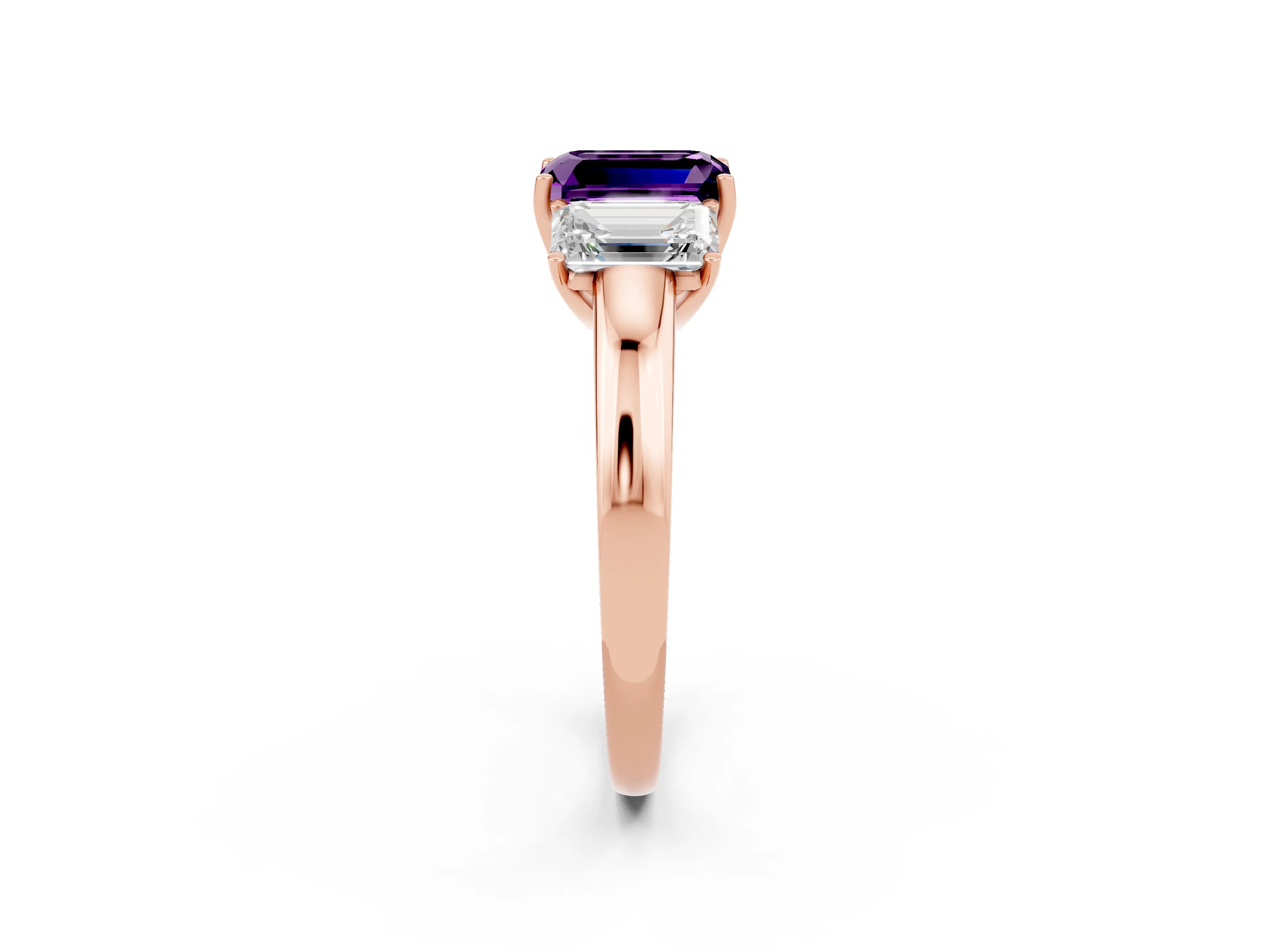 Rose gold Emerald Cut Amethyst Three-Stone Ring with Four-Prong Setting and Classic Band_2