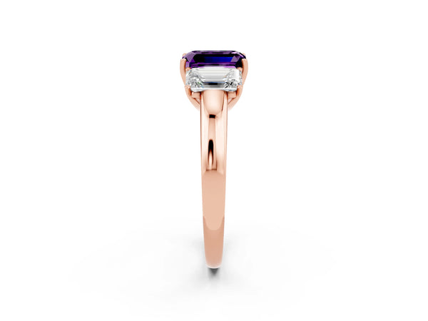 Rose gold Emerald Cut Amethyst Three-Stone Ring with Four-Prong Setting and Classic Band