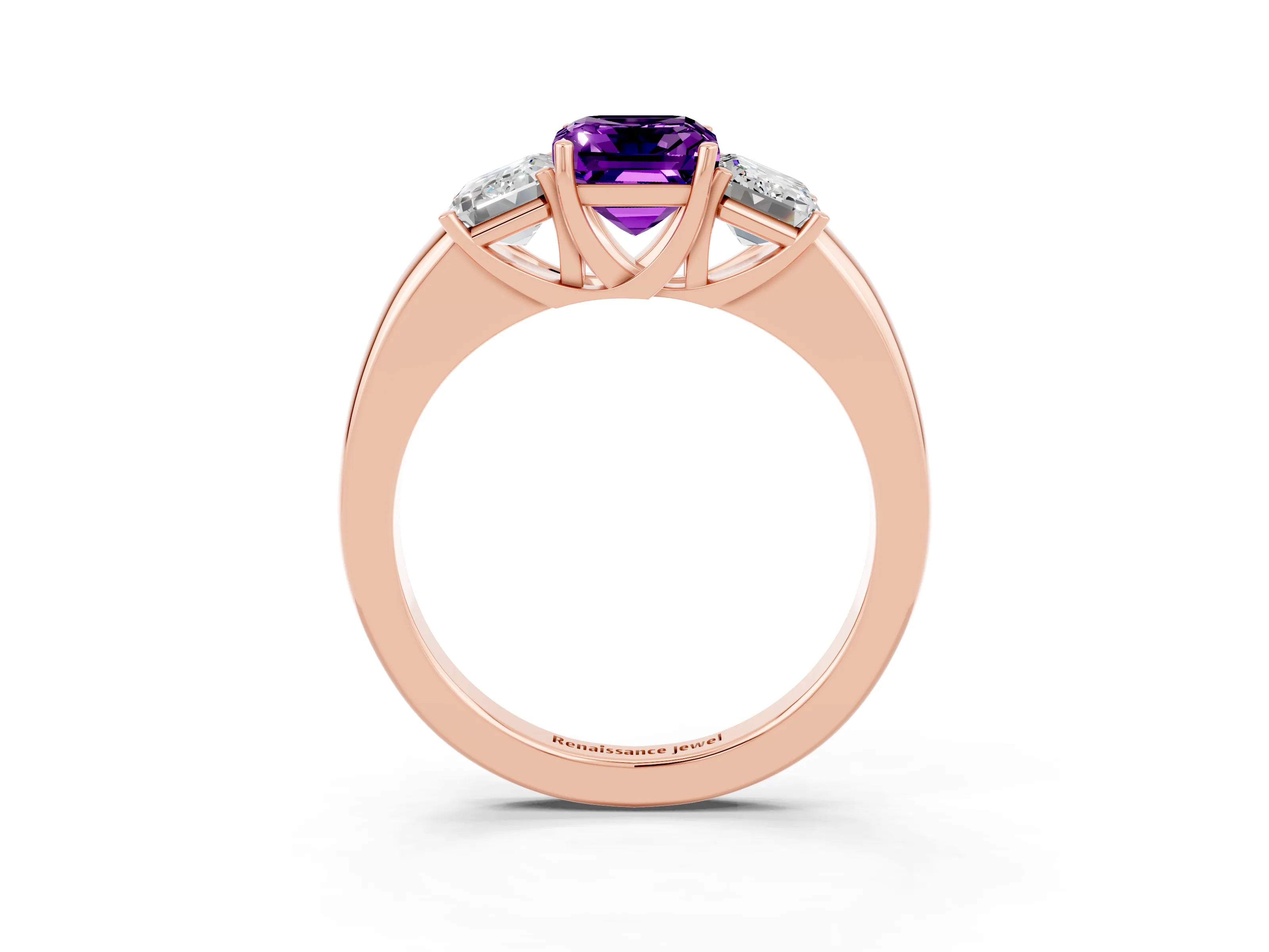Rose gold Emerald Cut Amethyst Three-Stone Ring with Four-Prong Setting and Classic Band_3