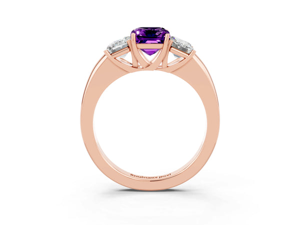 Rose gold Emerald Cut Amethyst Three-Stone Ring with Four-Prong Setting and Classic Band