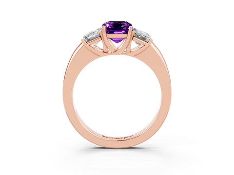 Rose gold Emerald Cut Amethyst Three-Stone Ring with Four-Prong Setting and Classic Band_3
