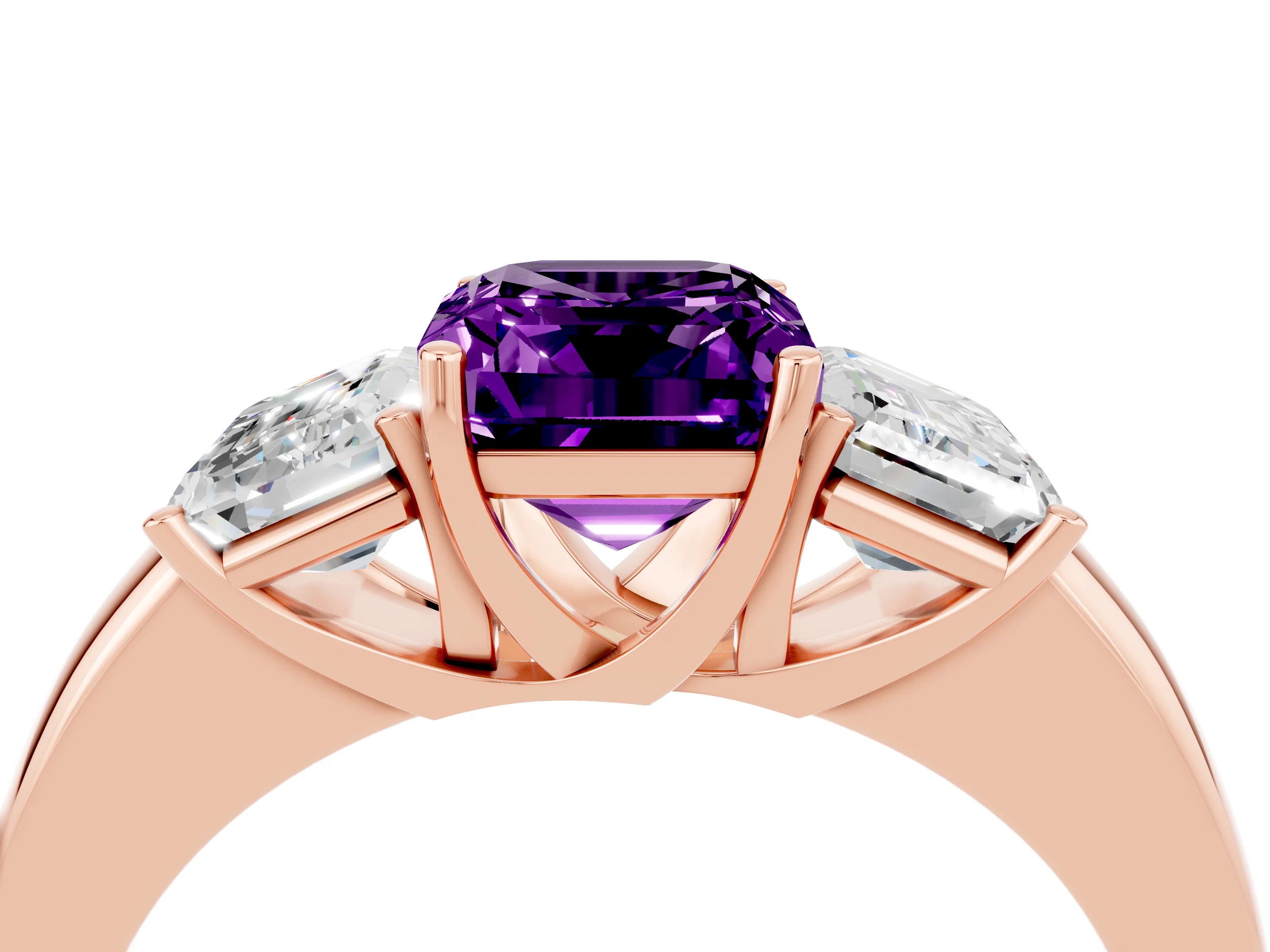 Rose gold Emerald Cut Amethyst Three-Stone Ring with Four-Prong Setting and Classic Band_4